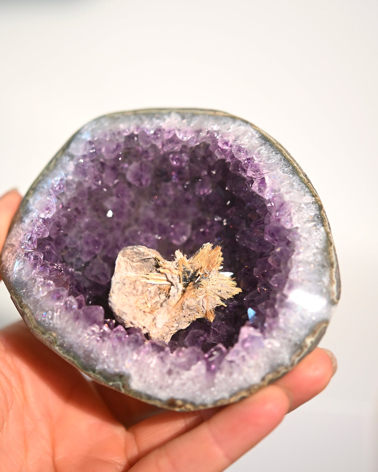 Amethyst Geode w/ Mini Golden Rutile On Stand