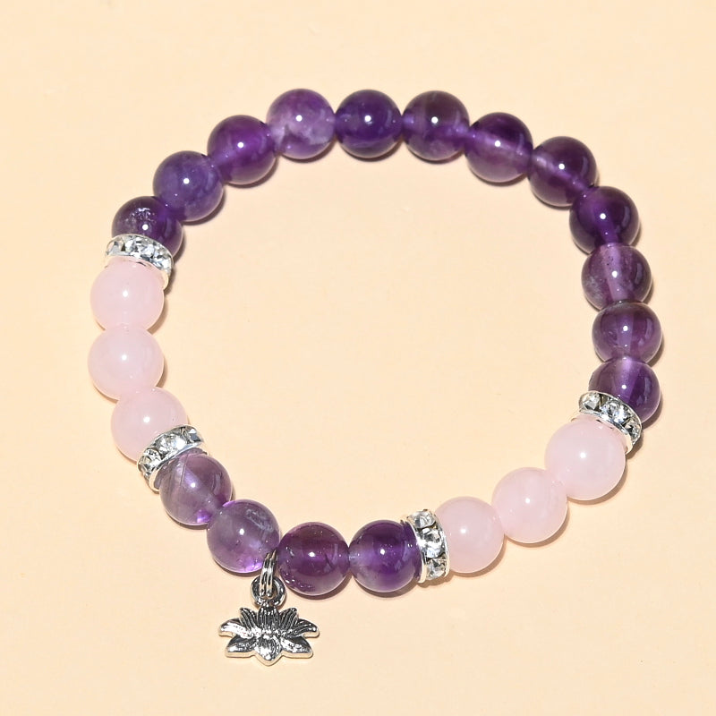 Tranquility Bracelet - Amethyst, Rose Quartz & Lotus Charm