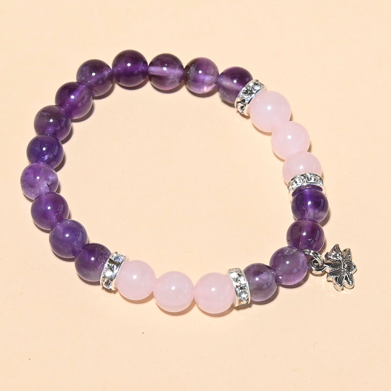 Tranquility Bracelet - Amethyst, Rose Quartz & Lotus Charm